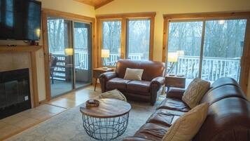 Smart TV, fireplace, books