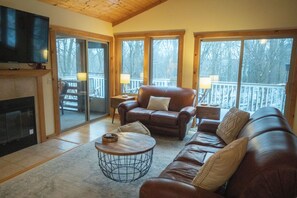 Smart TV, fireplace, books