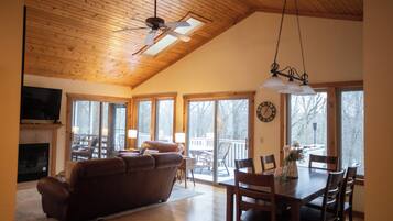 Smart TV, fireplace, books