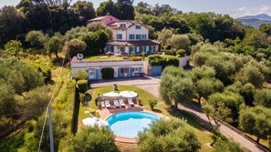 Une grande maison avec une piscine, entourée d’une végétation luxuriante et d’arbres.