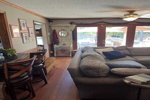 TV connectée, cheminée, lecteur de DVD, livres