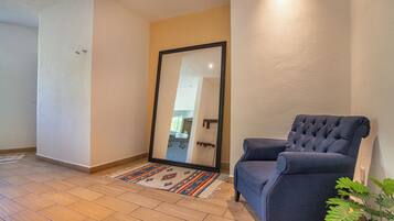 A room with a large mirror, a blue armchair, a patterned rug, and a potted plant.