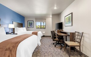 Premium bedding, pillowtop beds, desk, laptop workspace