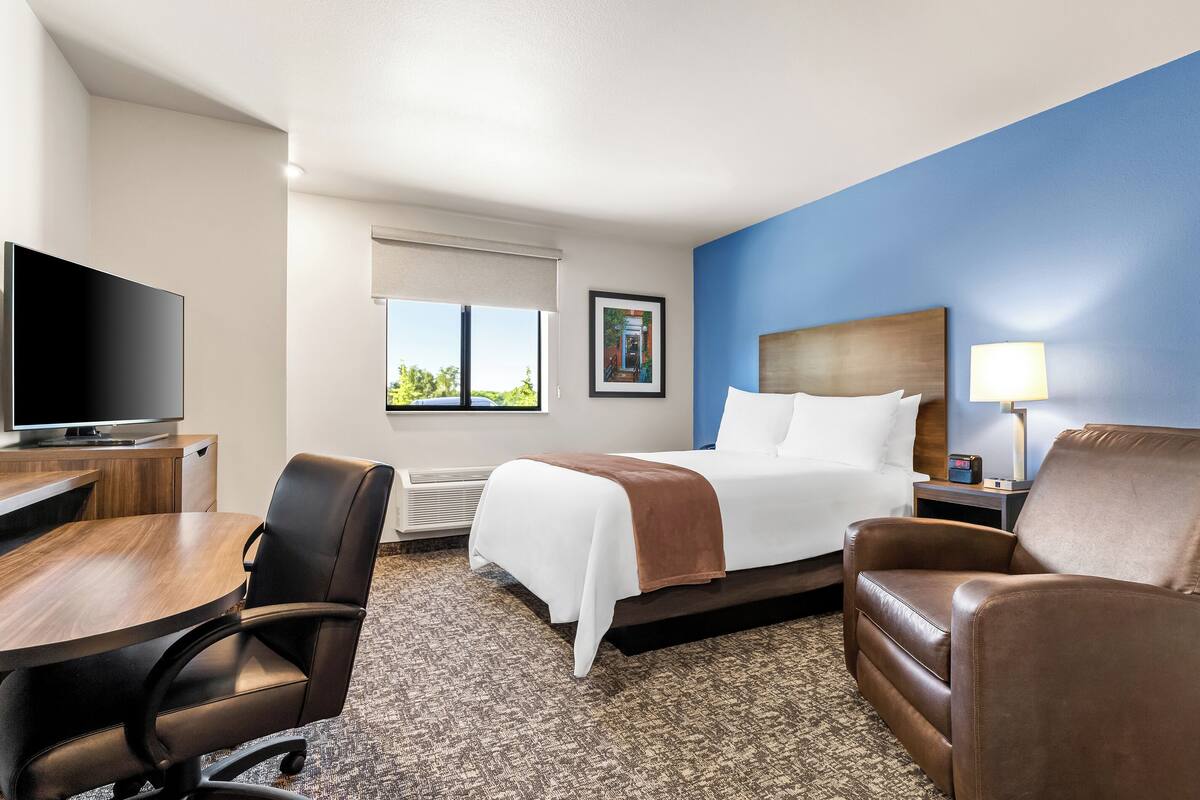 A hotel room with a bed, a desk, a chair, a TV, and a lamp.