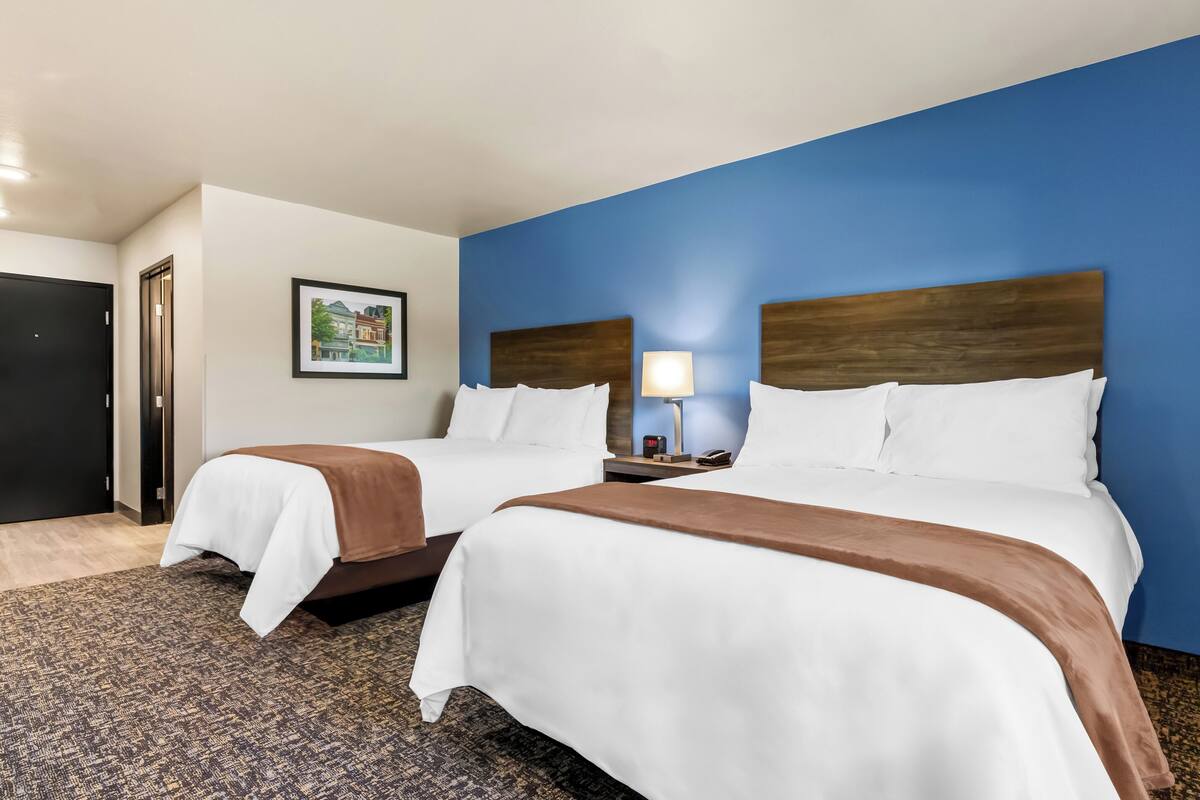 A hotel room with two beds, a blue accent wall, a framed picture on the wall, and a nightstand with a lamp.