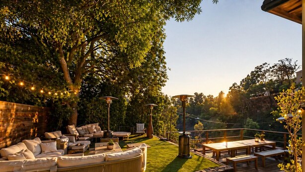 Une terrasse extérieure avec un canapé, des fauteuils et une table, entourée d’arbres et illuminée de guirlandes lumineuses.
