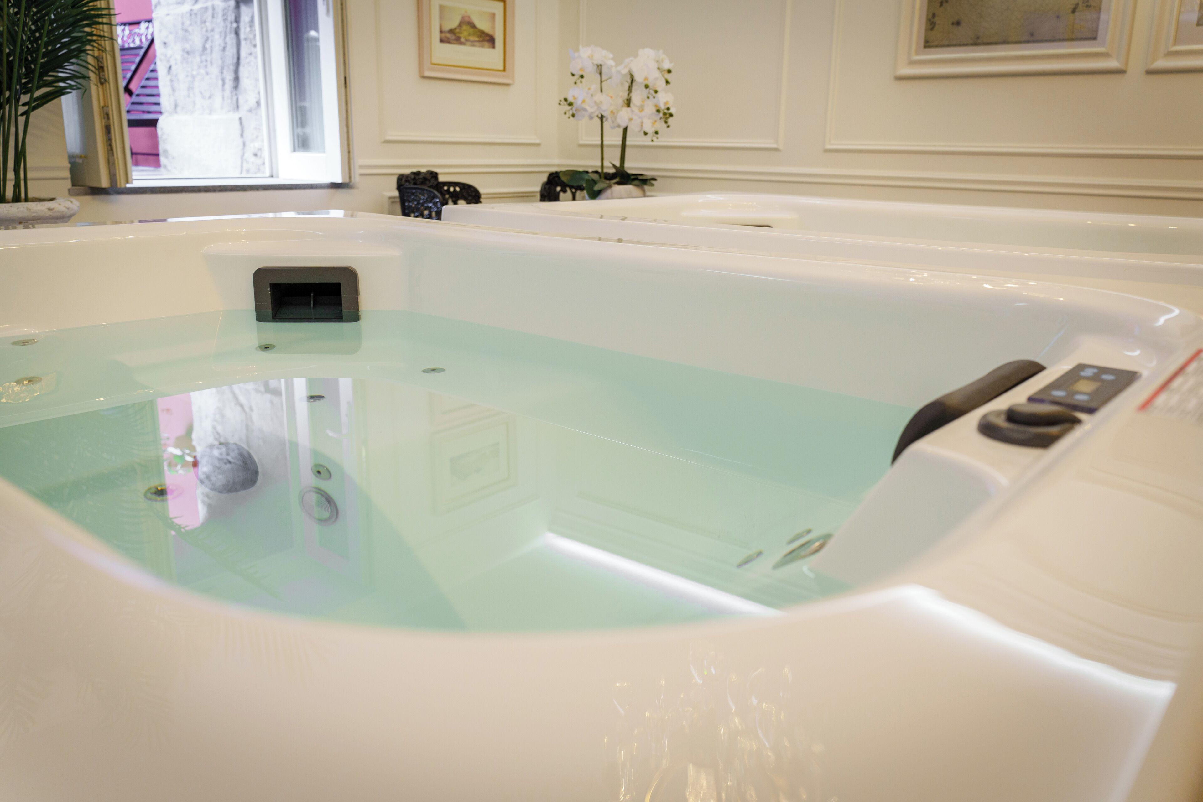 Una bañera de hidromasaje grande y moderna con un panel de control, rodeada por un cuarto elegantemente decorado con ventana y planta en maceta.