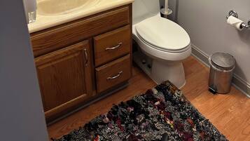 Hair dryer, towels, soap, toilet paper