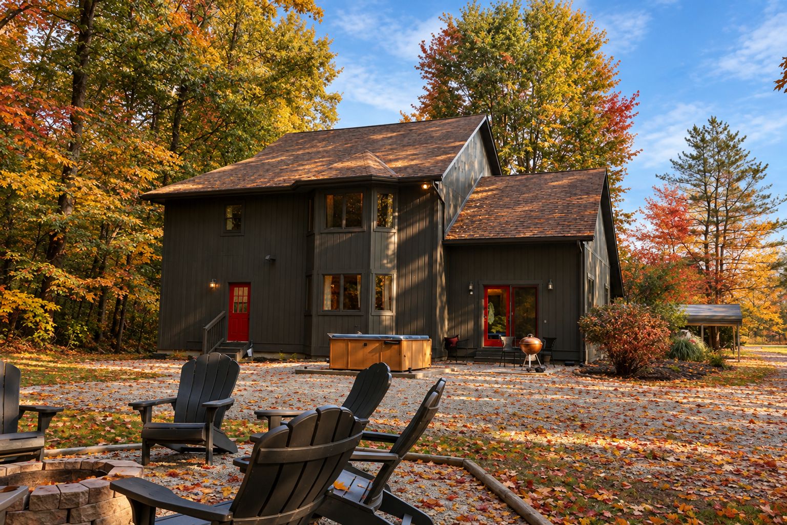 Un chalet rustique doté d’une cheminée, d’un espace extérieur aménagé et d’une porte rouge.