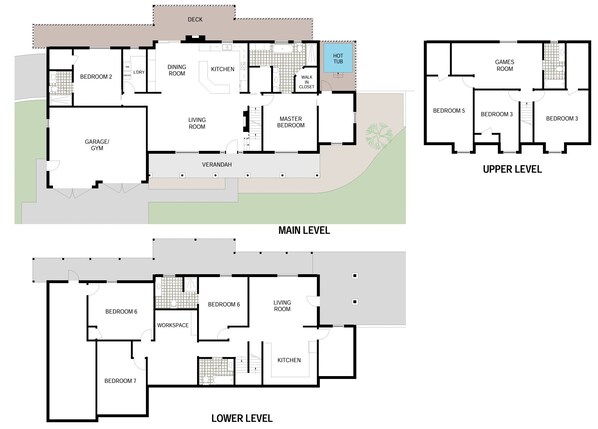 En byggnad i tre våningar med flera sovrum, ett vardagsrum, ett kök, ett matrum, ett master bedroom (stort sovrum), ett garage och en bubbelpool.