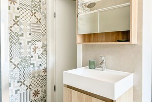 Shower, hair dryer, bidet, towels