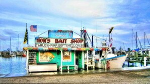 Een kleine boot met een bord waarop staat 'MOM'S BAIT SHOP' en 'TABLESHRIMP-SOFTSHELLCRABS', afgemeerd in een jachthaven.