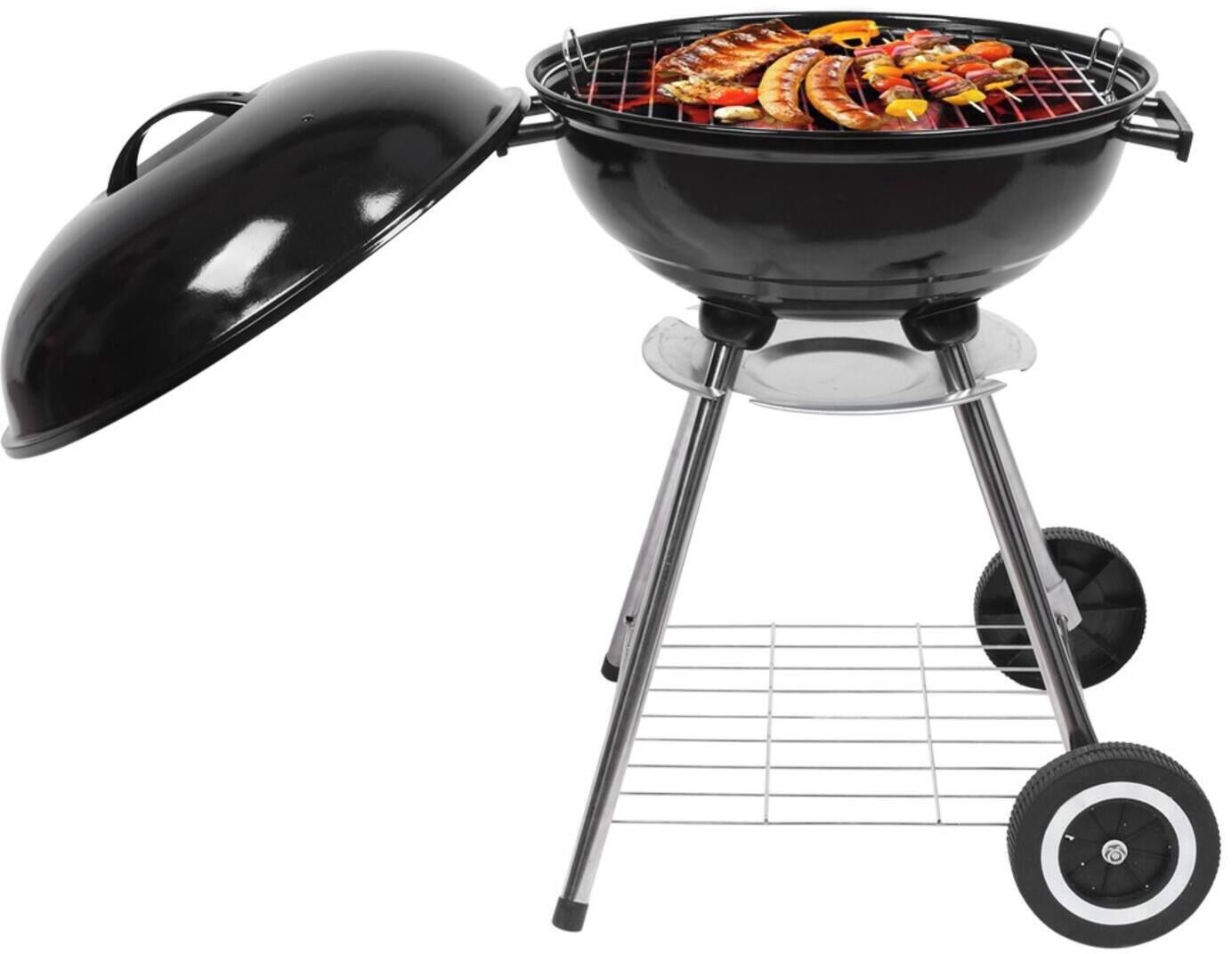 A portable grill with a lid, a wire rack, and a metal stand with wheels.