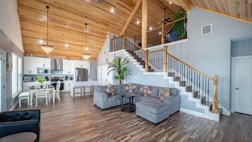 Smart TV, fireplace, foosball