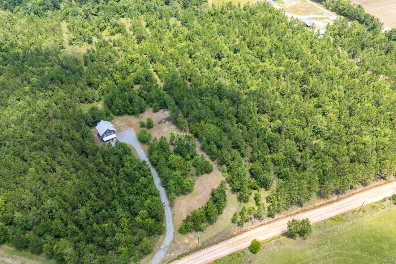 Vue aérienne d’une zone boisée avec un petit bâtiment et une route sinueuse.
