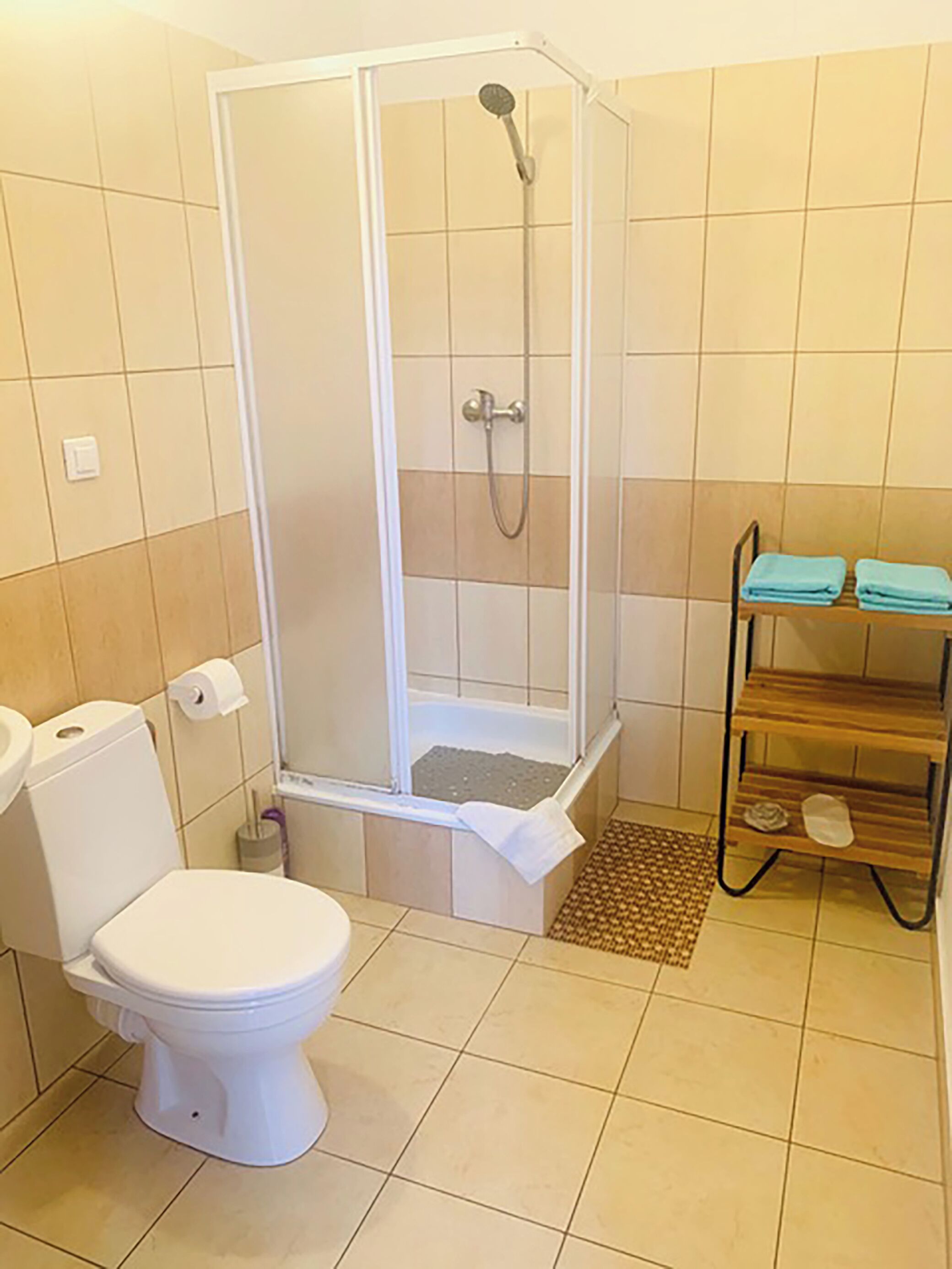 Un baño con ducha, inodoro y un estante con toallas.