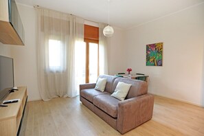 A living room with a sofa, a TV, a remote control, a painting, and a window with curtains.