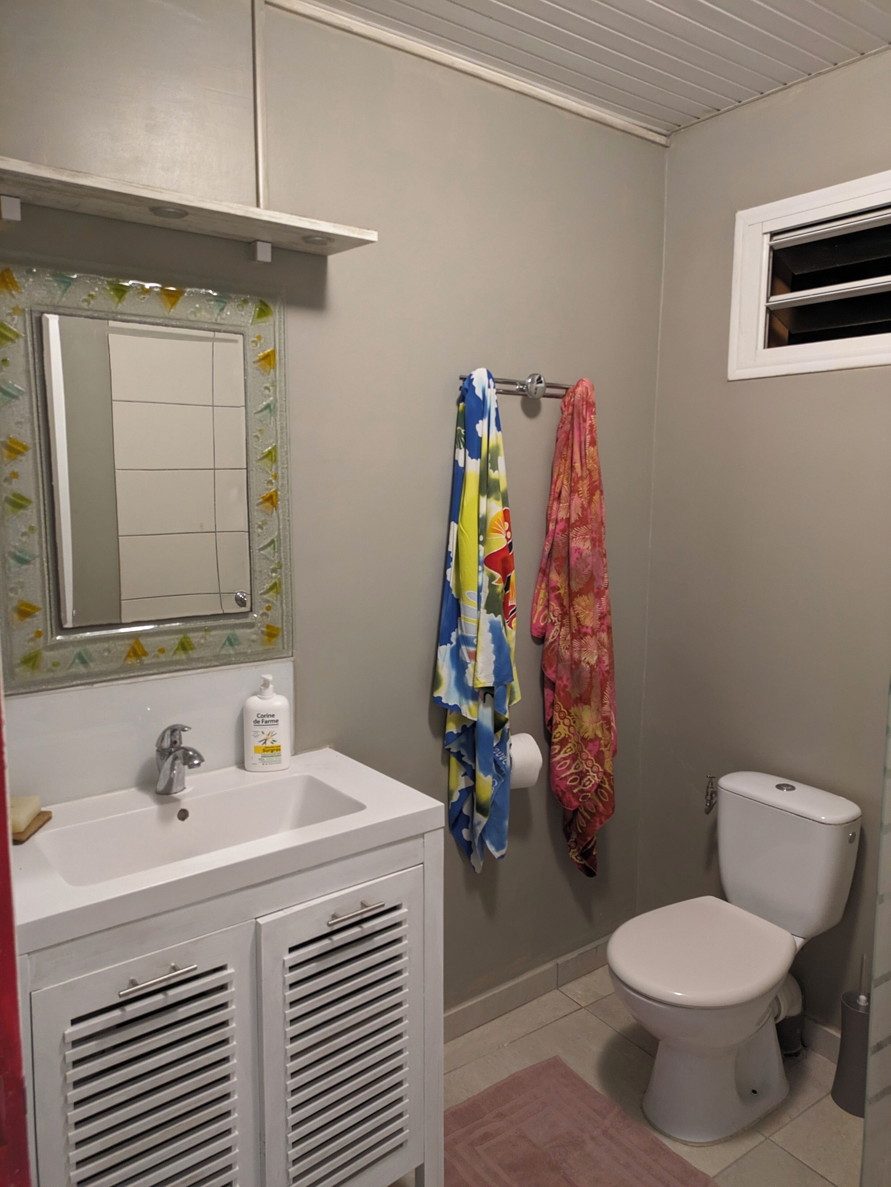 Une salle de bain avec un lavabo blanc, un miroir orné d’un cadre floral, des toilettes et deux serviettes suspendues à un porte-serviettes.