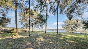 A park with trees, a grassy area, and a body of water in the background. - Lakefront home on Lake Kerr near Salt Springs with large porch and great yard (Salt Springs)
