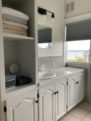 Hair dryer, towels, soap, shampoo