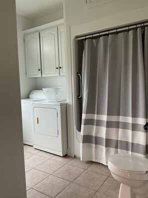 Hair dryer, towels, soap, shampoo