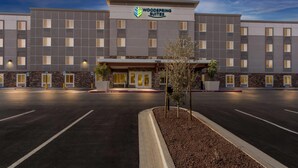 Un hotel con fachada moderna, un cartel que dice 'Woodspring Suites' y un estacionamiento al frente.