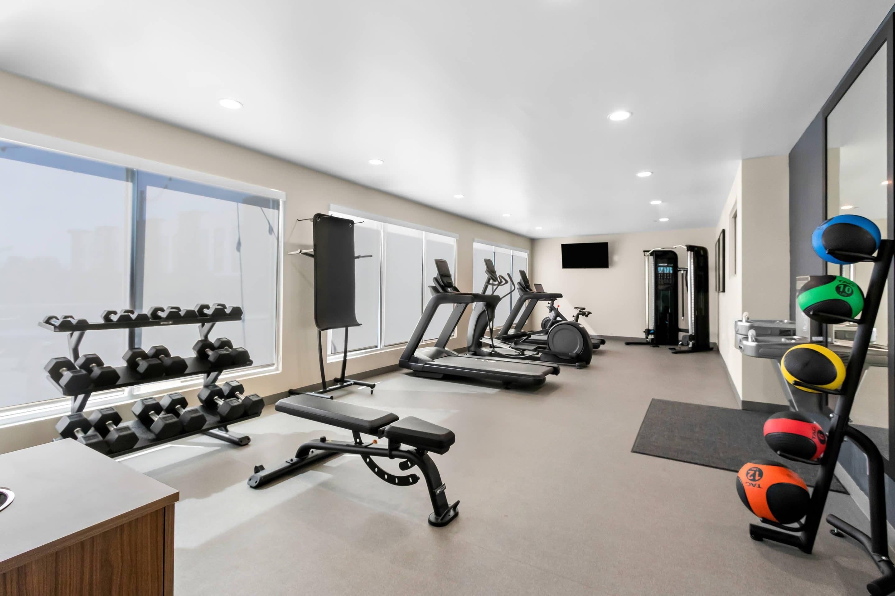 Academia moderna com esteiras, halteres e bolas de exercício.