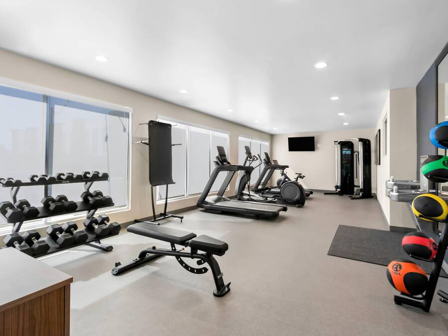 Academia moderna com esteiras, halteres e bolas de exercício.