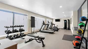 A gym with treadmills, dumbbells, a bench, and a ball rack.