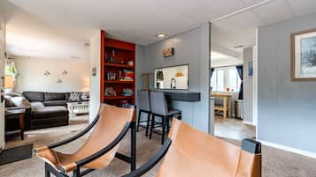 Smart TV, fireplace, video games, DVD player