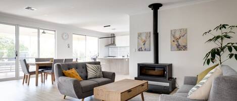 TV connectée, cheminée, livres