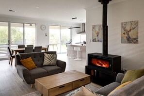 TV connectée, cheminée, livres