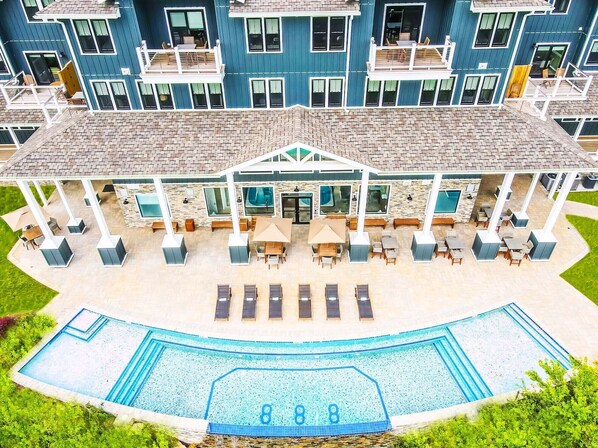 Aerial view of the loungers and pool.