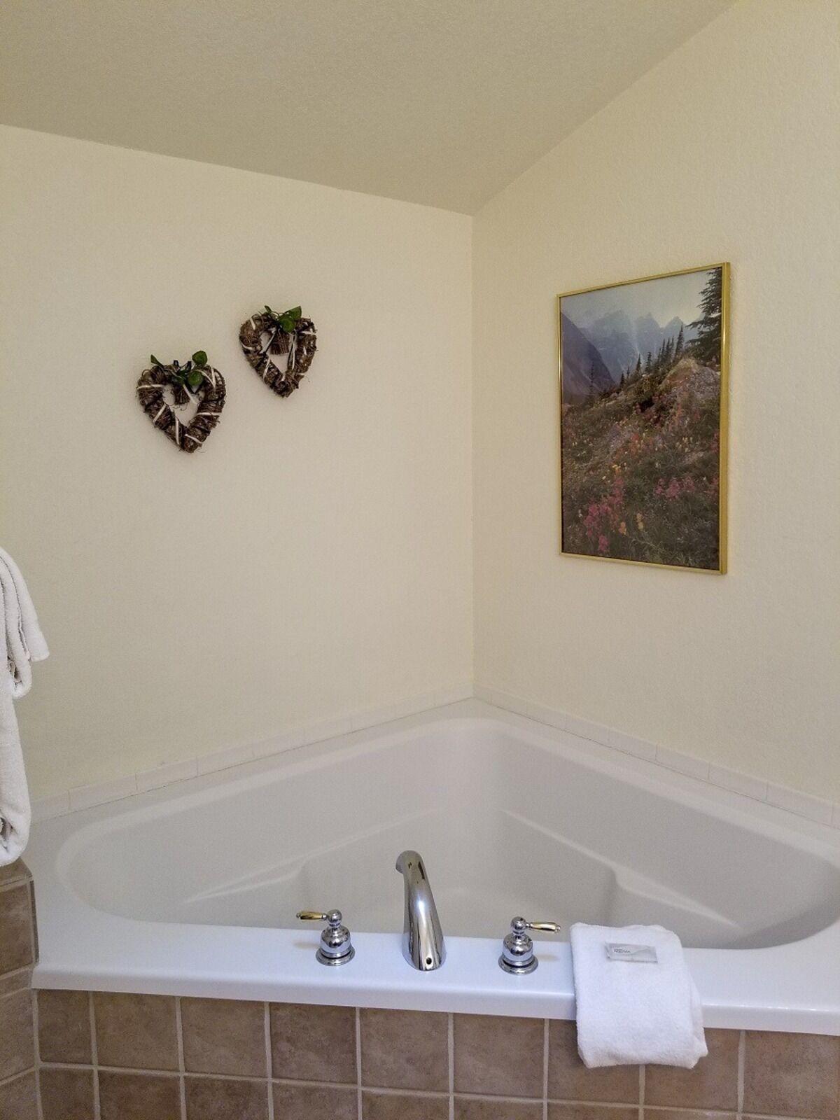 Un baño con una bañera grande, dos adornos con forma de corazón en la pared y un cuadro enmarcado con un paisaje de montaña.