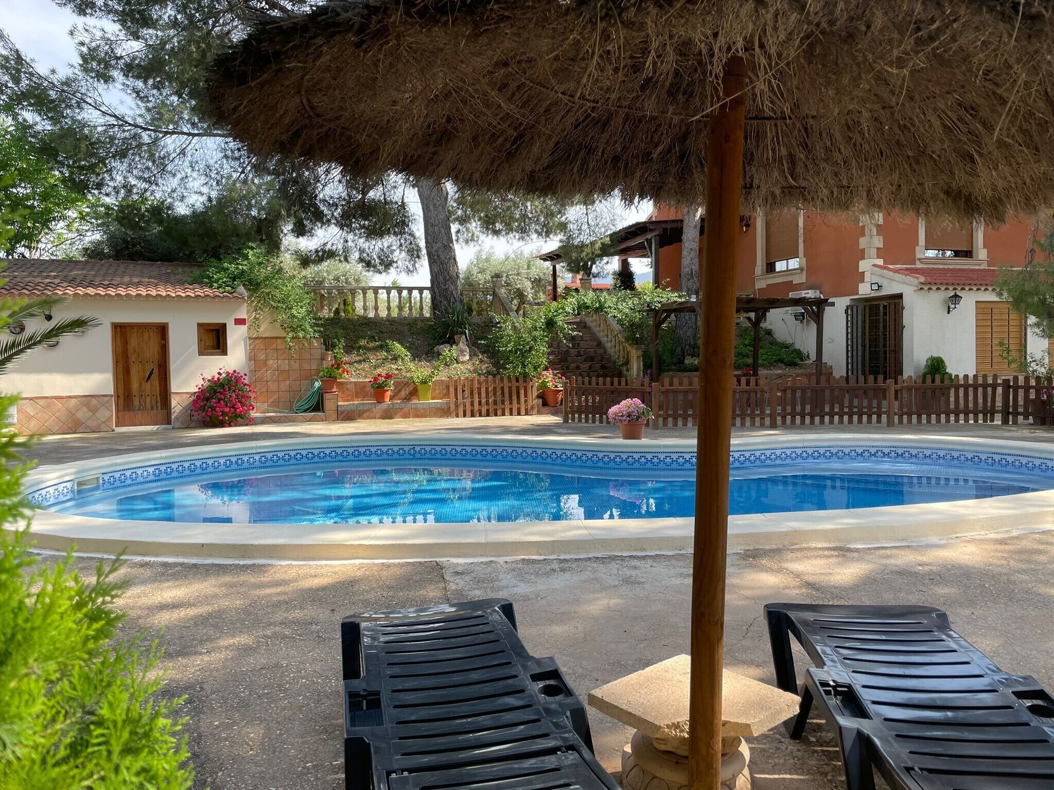 A swimming pool with lounge chairs, a thatched roof, and a stone bench.