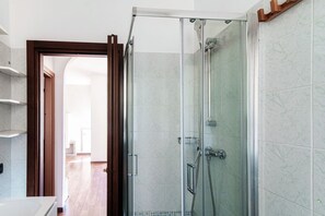 Shower, hair dryer, bidet, towels
