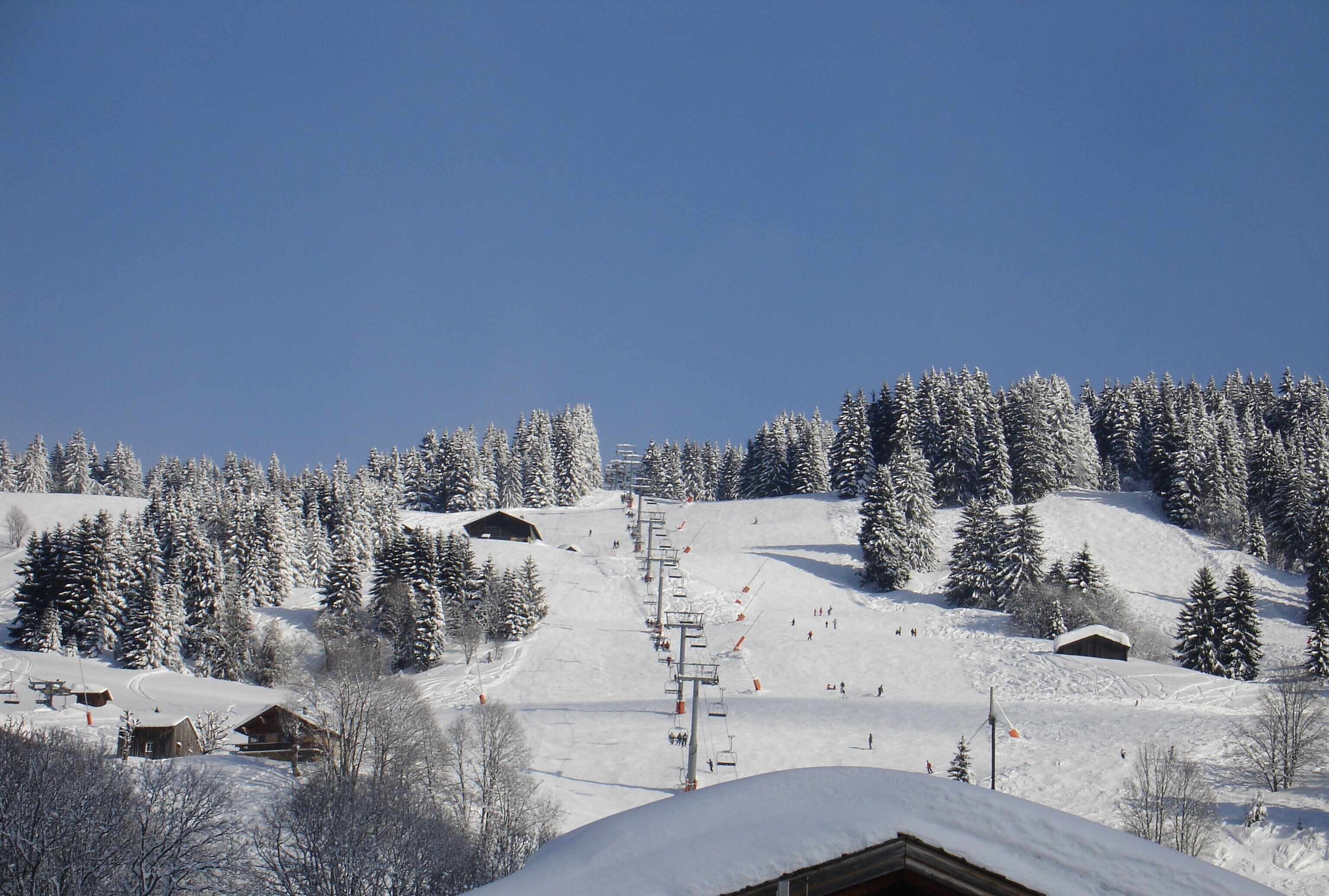 Ein mit Schnee bedeckter Ski-Hang mit Skiliften, Berghütten und Bäumen.