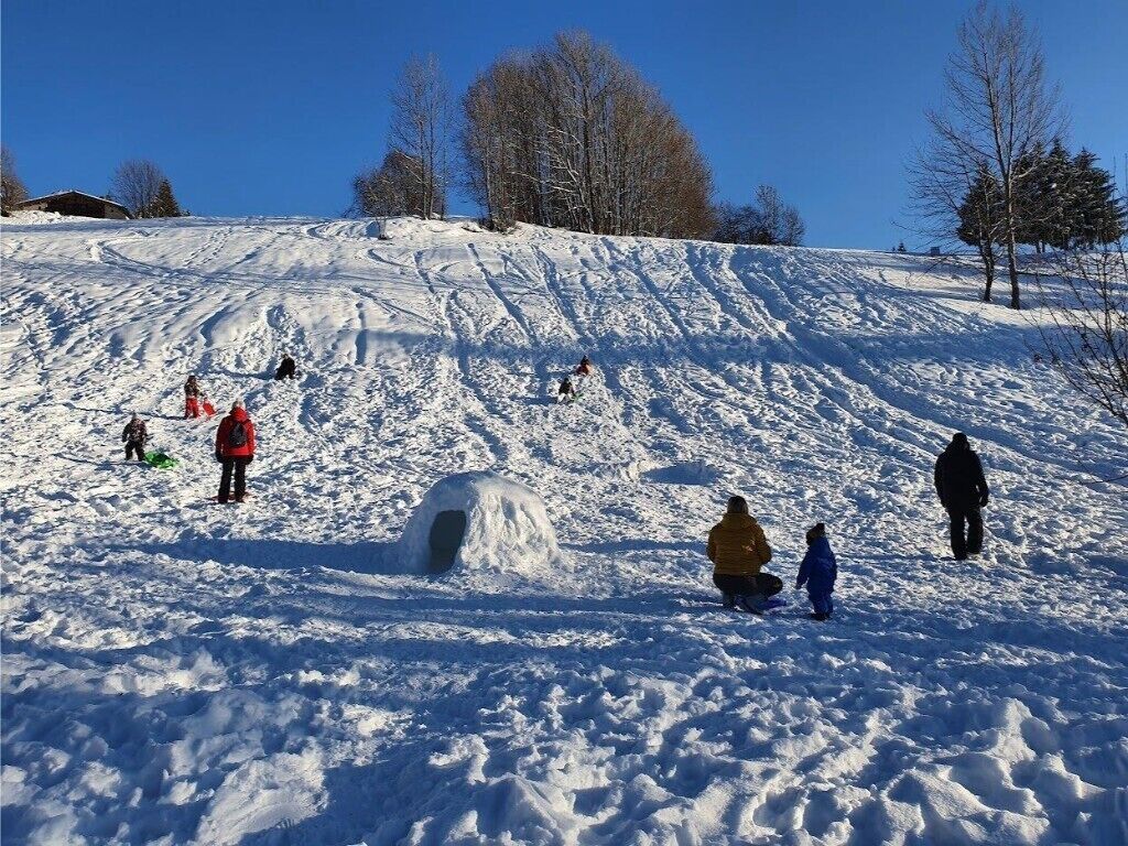 A snowy landscape with people engaging in winter activities.