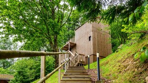 A wooden staircase leading to a building surrounded by lush greenery. - Chalet 'Gîte Le Pieraline' with Mountain View, Private Terrace and Wi-Fi (Ventron)