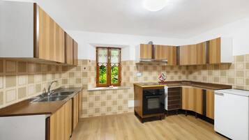 Fridge, oven, stovetop, cookware/dishes/utensils