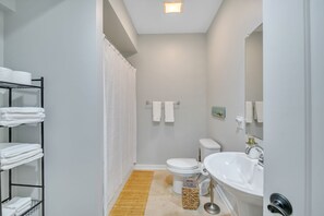 Shower, jetted bath, hair dryer, towels