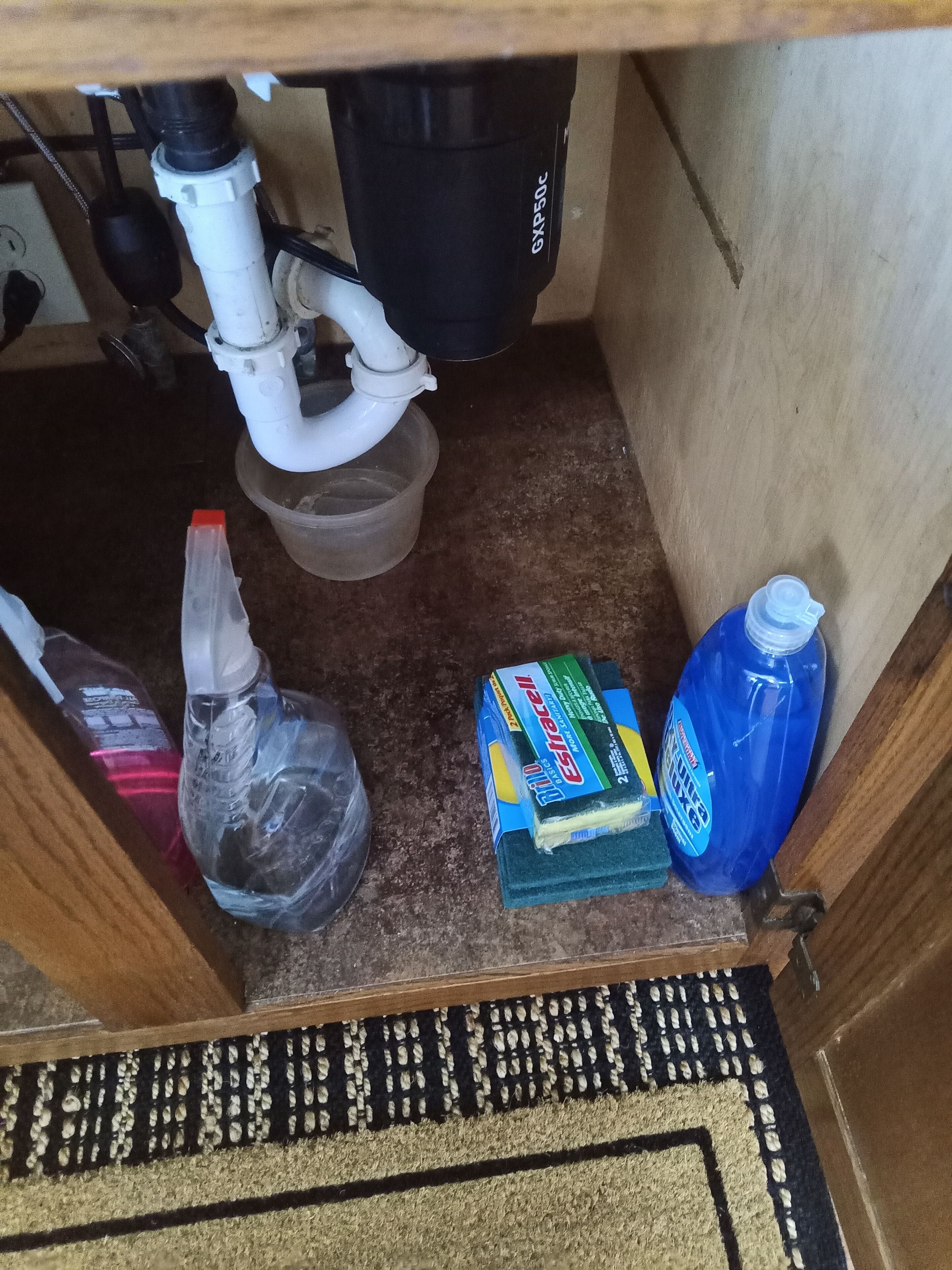 A kitchen sink with a black trash bin, a plastic bottle, a box of dish soap, and a blue detergent bottle.