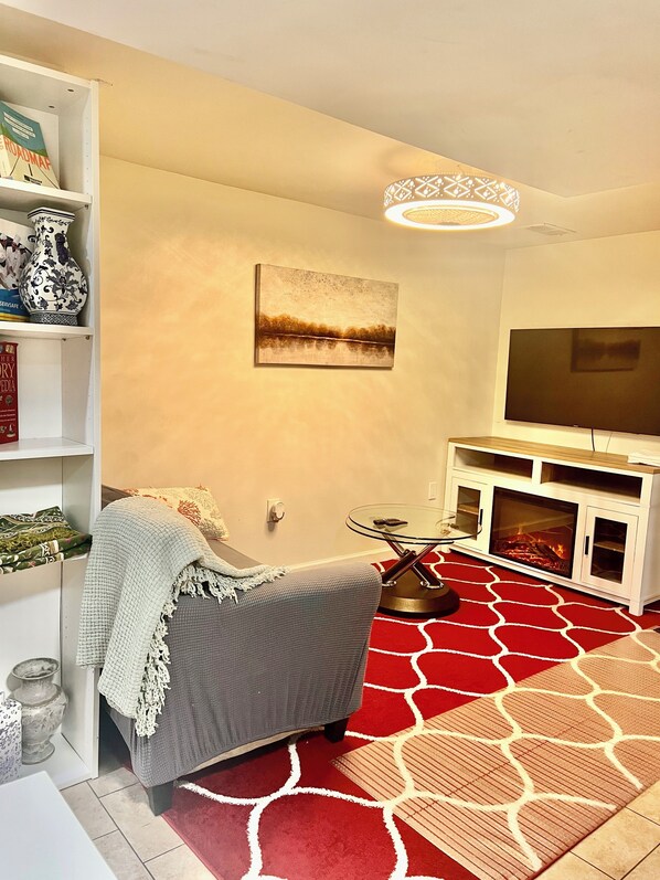 Smart TV, fireplace, books