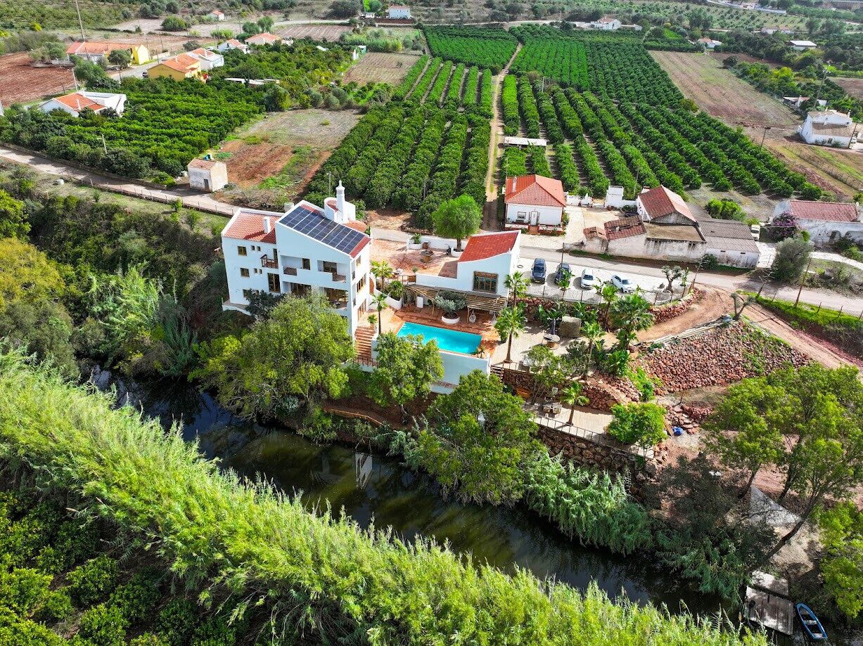 Une villa avec piscine, entourée de vignes et bordée par une rivière.