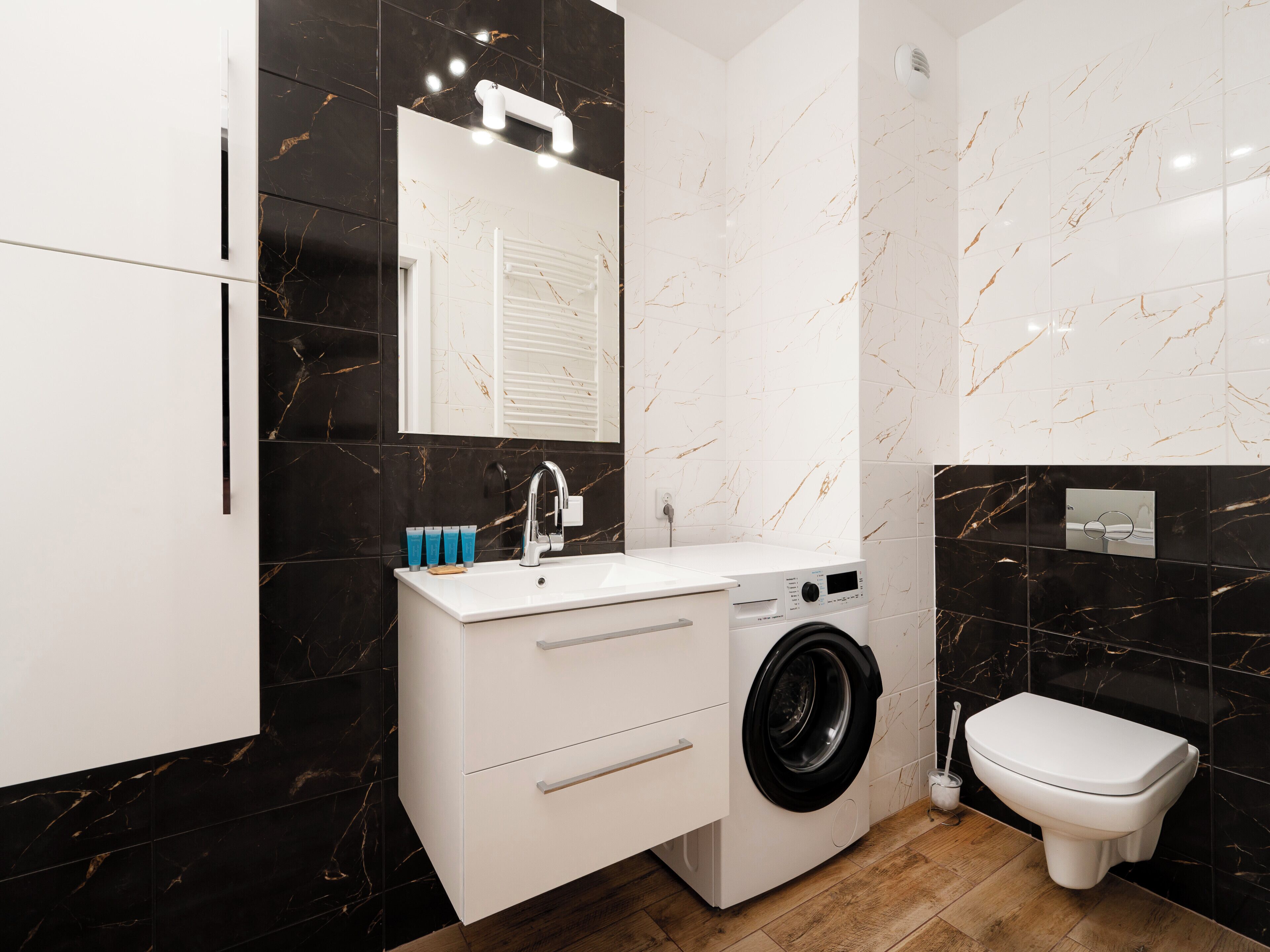 Hair dryer, towels, soap, shampoo