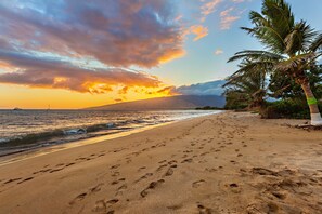 A beach with footprints leading to the water, a palm tree, and a sunset in the background. - Relax in Maalaea's tropical charm with ocean views (Wailuku)