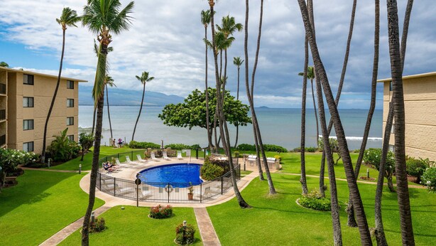 Ein Pool, umgeben von Palmen, mit Blick auf das Meer.
