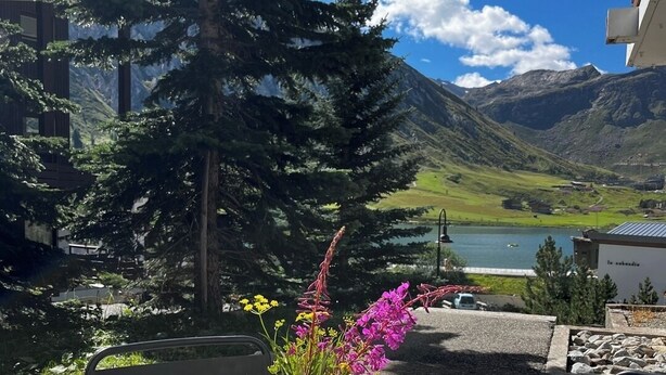 A table with a meal, a flower arrangement, and a scenic mountain view. - Upstays Cosy Family Ski Near Slopes and Lake (Tignes)
