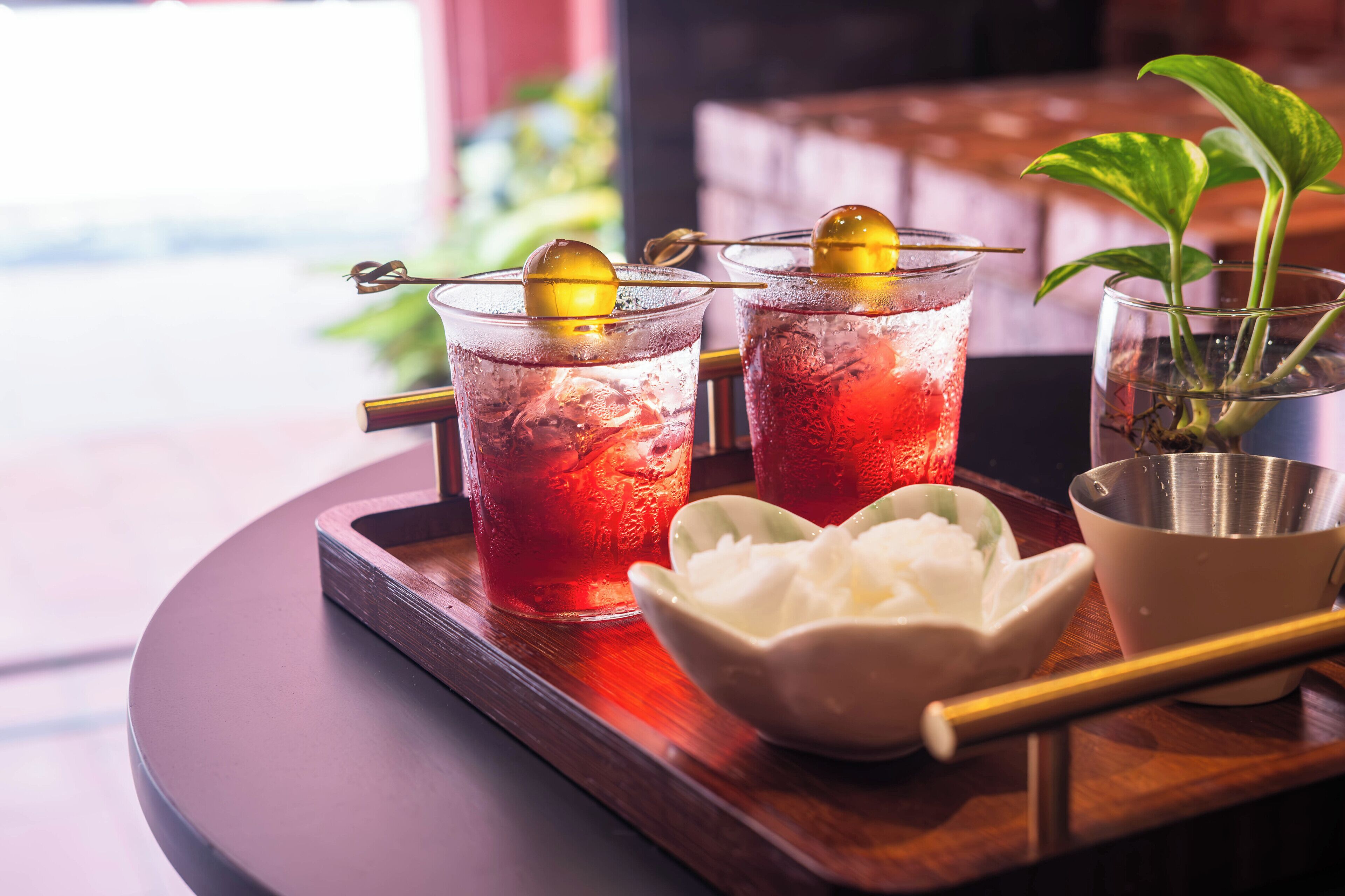 Two glasses of red beverage with lemon slices on a wooden tray, a bowl of white cubes, and a metal cup with a plant.