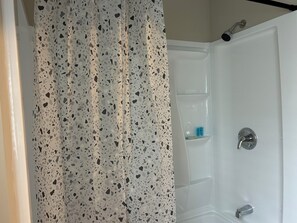 Hair dryer, towels, soap, shampoo